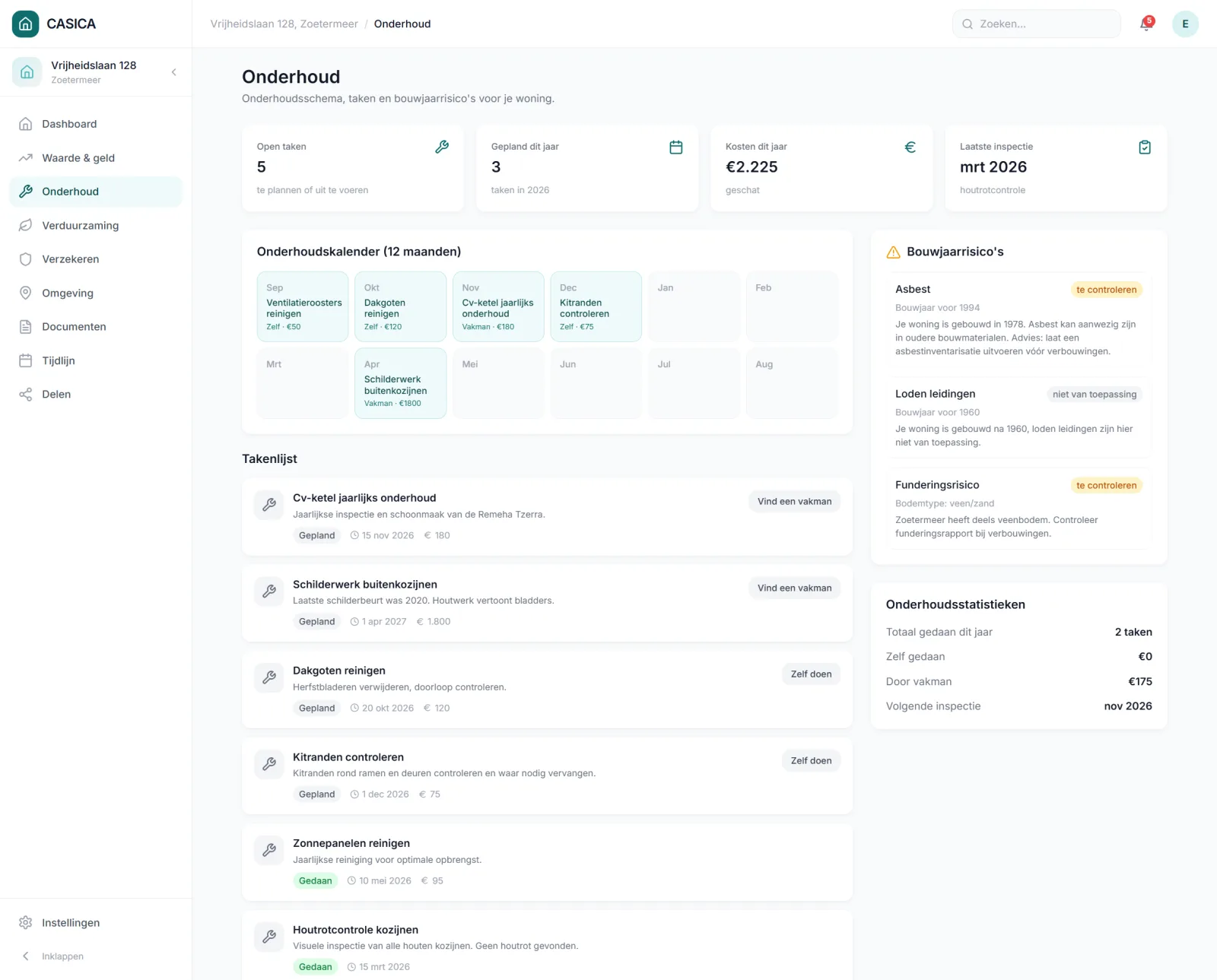 De module Onderhoud in CASICA: KPI-kaarten met open taken en geschatte kosten, een kalender van twaalf maanden met onderhoudstaken, taakkaarten met kosten en deadline en een lijst bouwjaarrisico's met status.